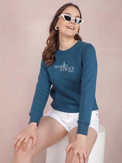 Blue Typographic Print Sweatshirt-Women Sweatshirts-Crimsoune Club