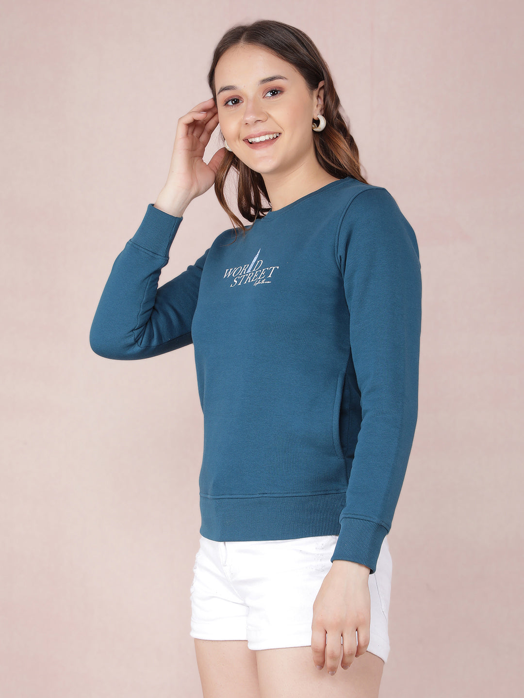 Blue Typographic Print Sweatshirt-Women Sweatshirts-Crimsoune Club