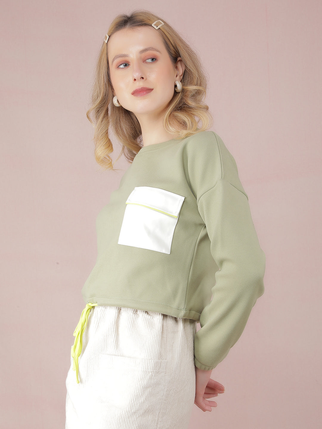 Green Crop Length Sweatshirt-Women Sweatshirts-Crimsoune Club