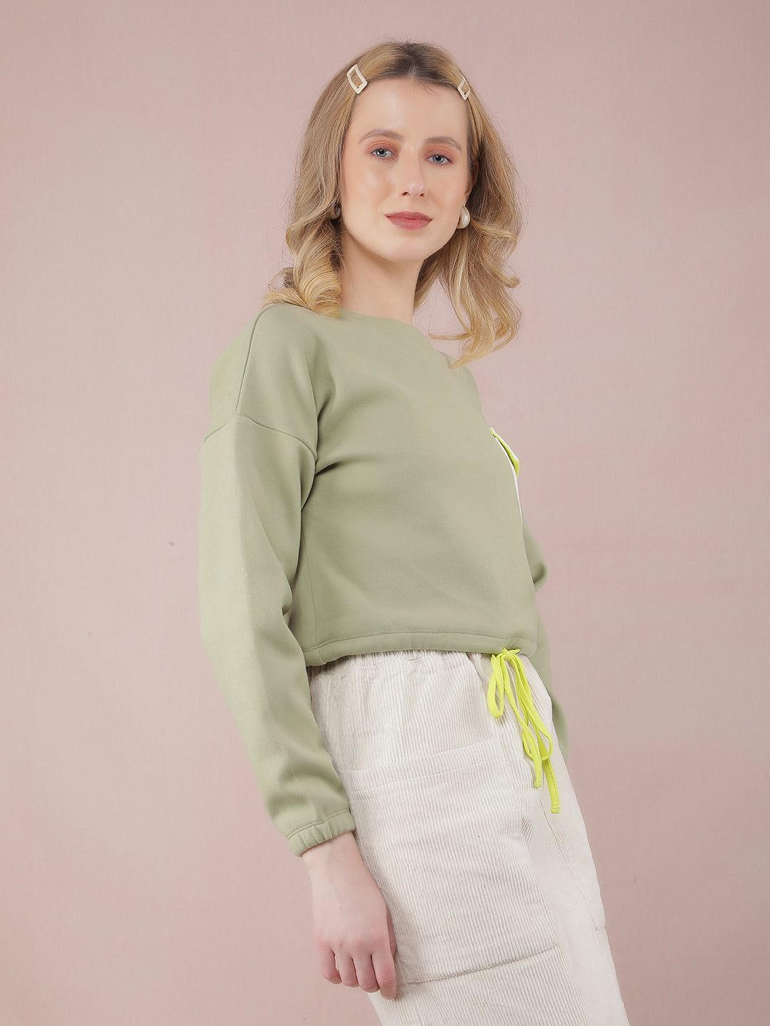 Green Crop Length Sweatshirt-Women Sweatshirts-Crimsoune Club