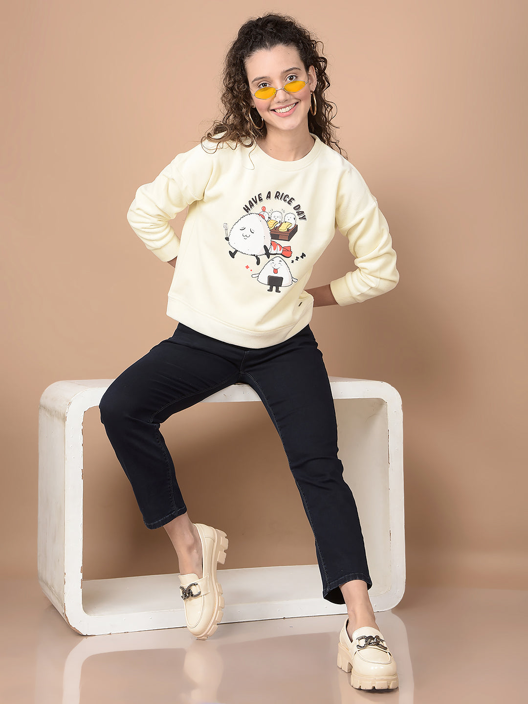 Cream Graphic Print Sweatshirt-Women Sweatshirts-Crimsoune Club