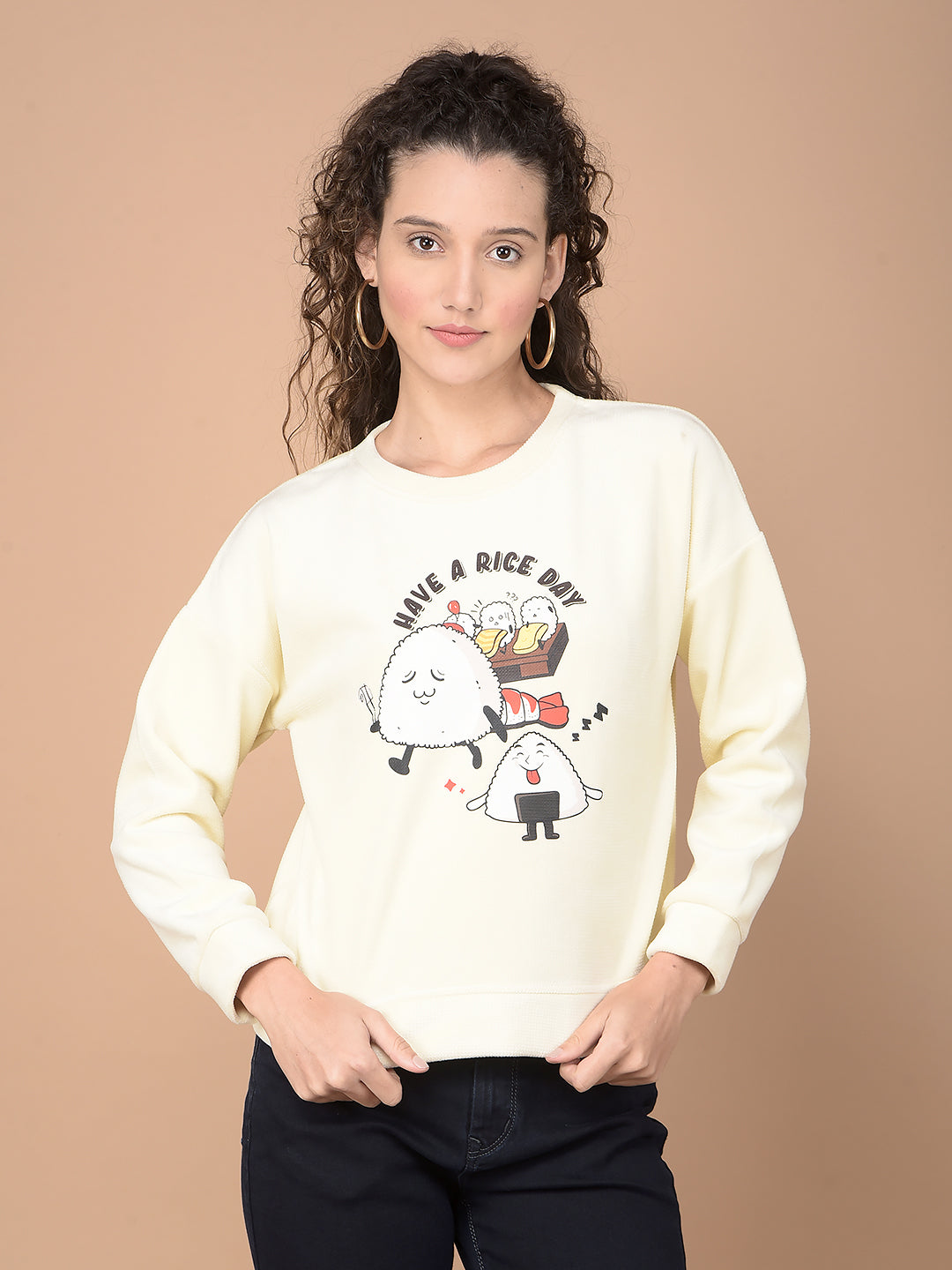 Cream Graphic Print Sweatshirt-Women Sweatshirts-Crimsoune Club