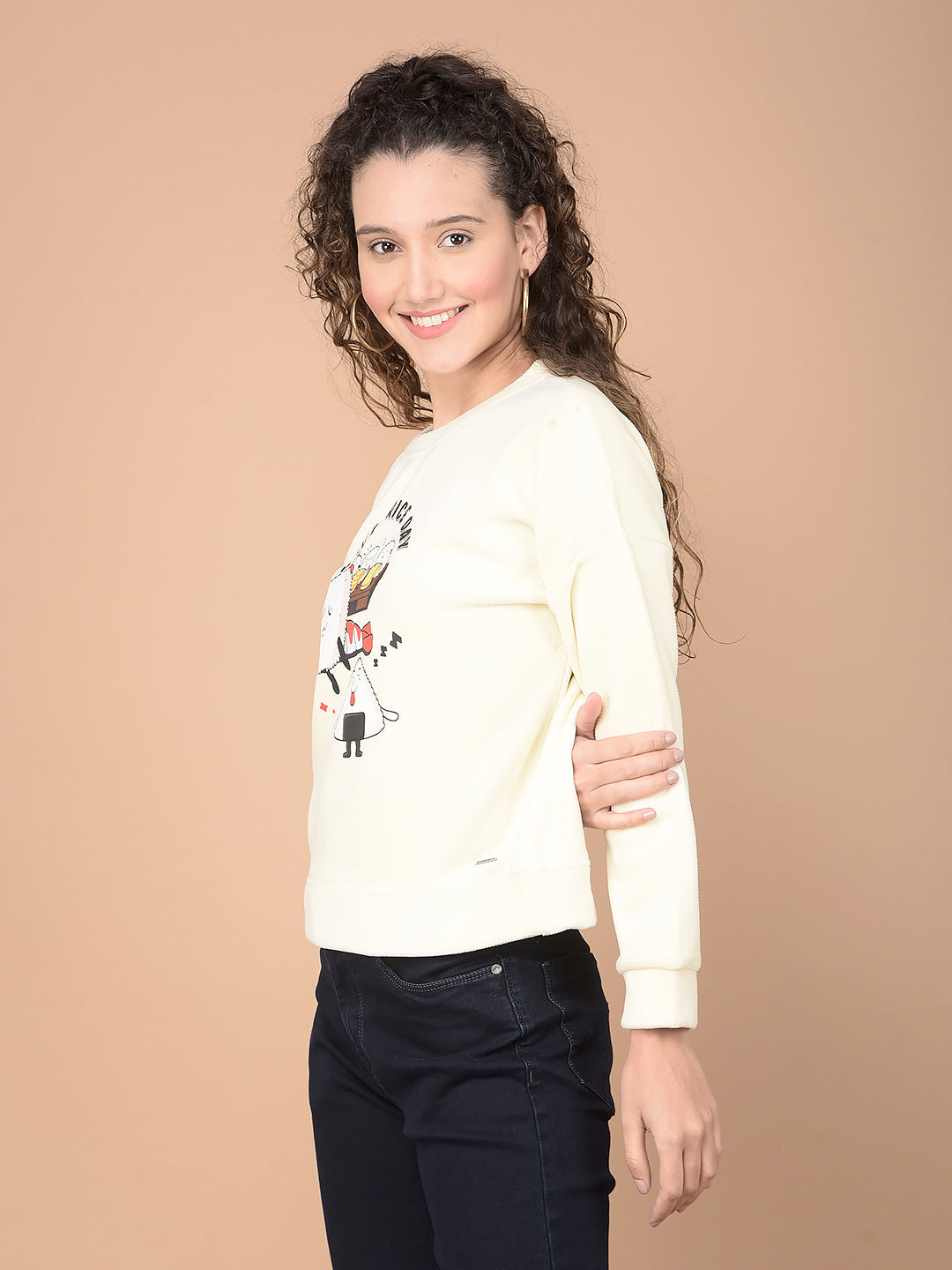 Cream Graphic Print Sweatshirt-Women Sweatshirts-Crimsoune Club