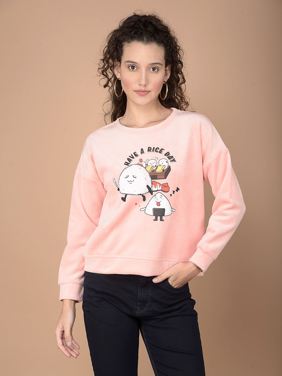 Peach Graphic Print Sweatshirt-Women Sweatshirts-Crimsoune Club