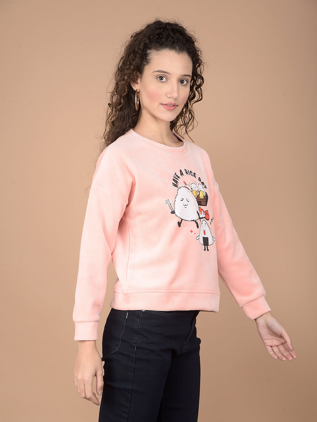 Peach Graphic Print Sweatshirt-Women Sweatshirts-Crimsoune Club