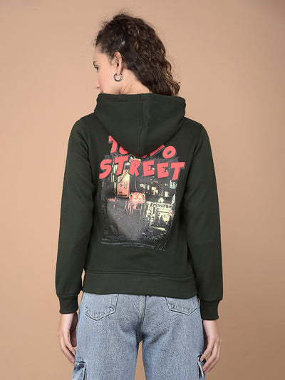 Olive Graphic Print Hooded Neck Sweatshirt-Women Sweatshirts-Crimsoune Club