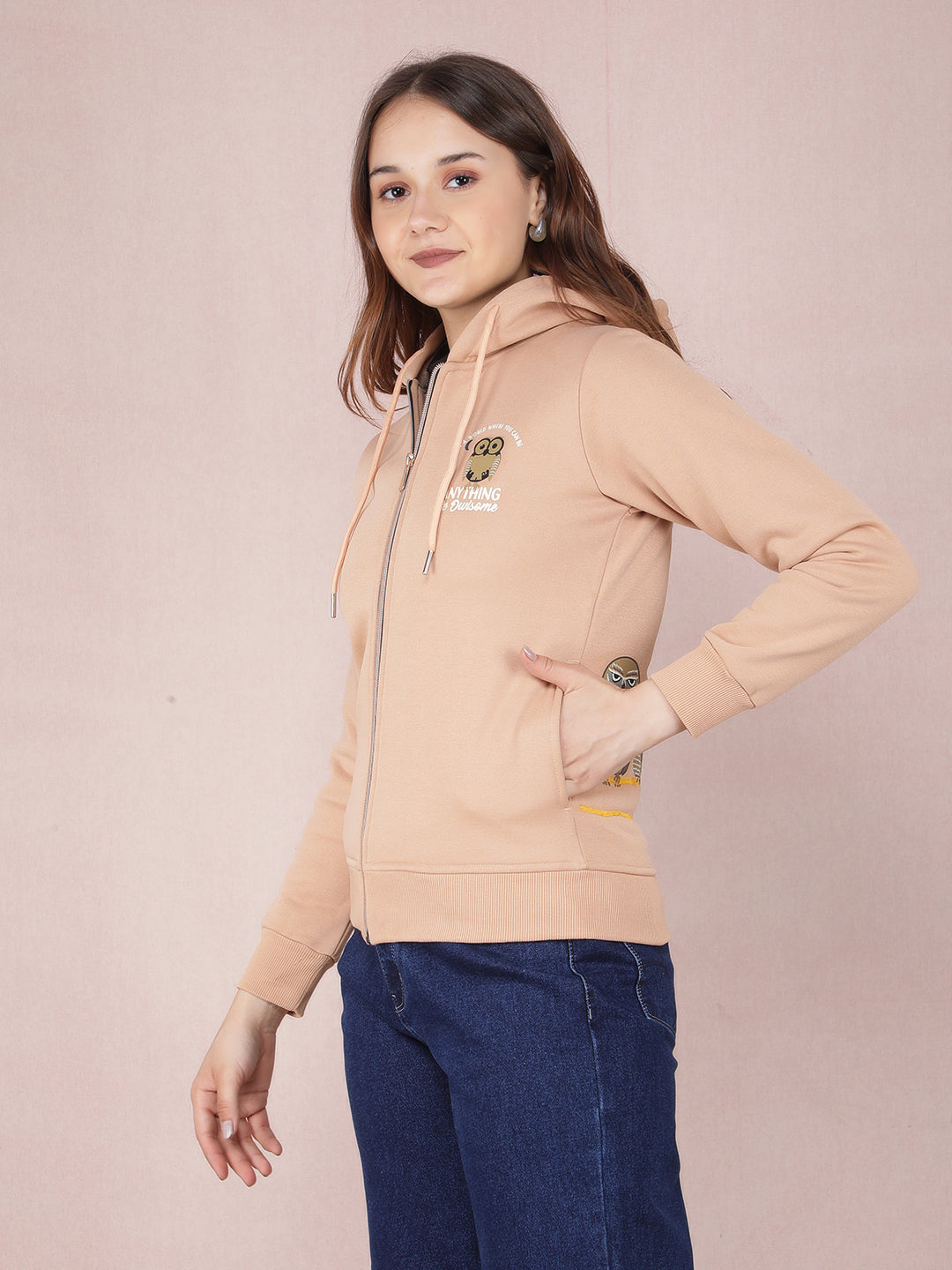 Beige Graphic Print Hooded Neck Sweatshirt-Women Sweatshirts-Crimsoune Club