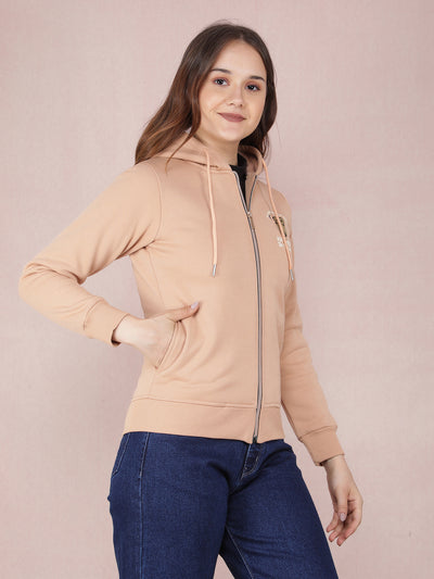 Beige Graphic Print Hooded Neck Sweatshirt-Women Sweatshirts-Crimsoune Club