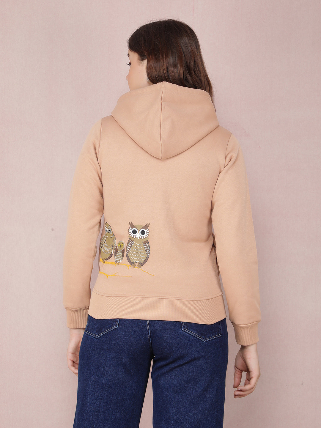 Beige Graphic Print Hooded Neck Sweatshirt-Women Sweatshirts-Crimsoune Club