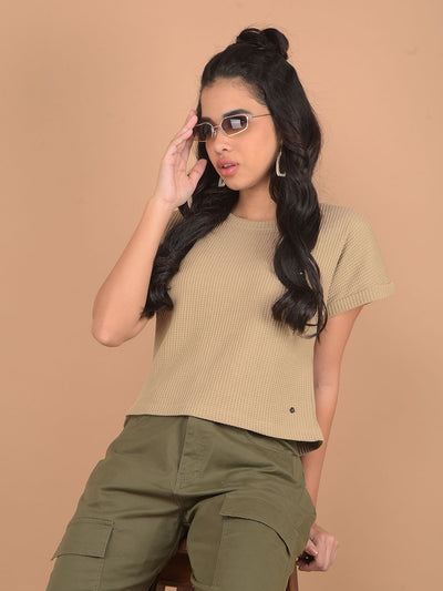 Beige Embroidered T-Shirt-Women T-Shirts-Crimsoune Club