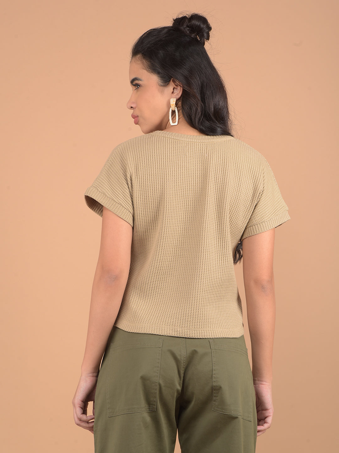 Beige Embroidered T-Shirt-Women T-Shirts-Crimsoune Club