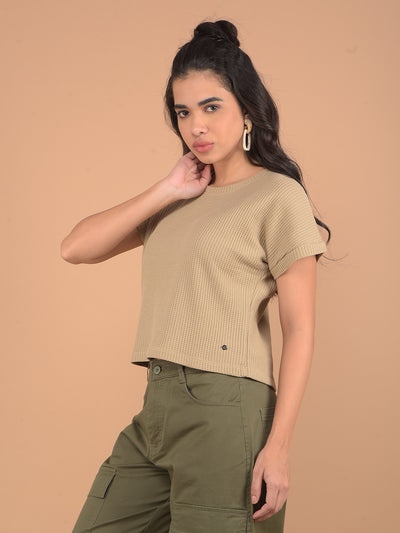 Beige Embroidered T-Shirt-Women T-Shirts-Crimsoune Club