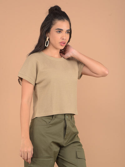 Beige Embroidered T-Shirt-Women T-Shirts-Crimsoune Club