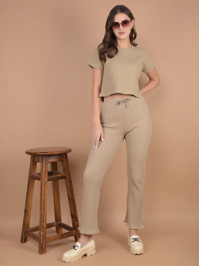 Beige Self-Design Wide Leg Trackpants-Women Trackpants-Crimsoune Club