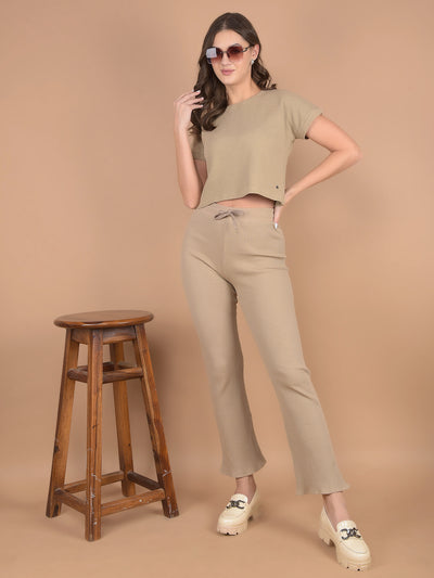 Beige Self-Design Wide Leg Trackpants-Women Trackpants-Crimsoune Club