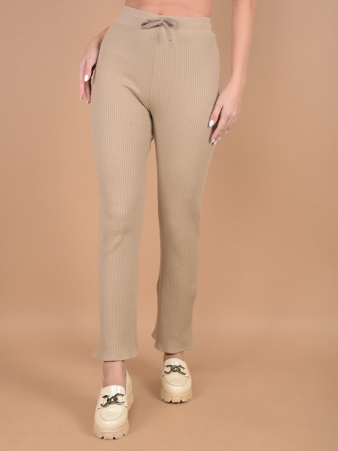 Beige Self-Design Wide Leg Trackpants-Women Trackpants-Crimsoune Club