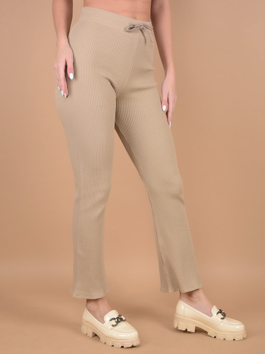 Beige Self-Design Wide Leg Trackpants-Women Trackpants-Crimsoune Club