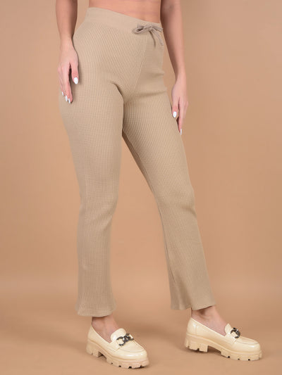 Beige Self-Design Wide Leg Trackpants-Women Trackpants-Crimsoune Club