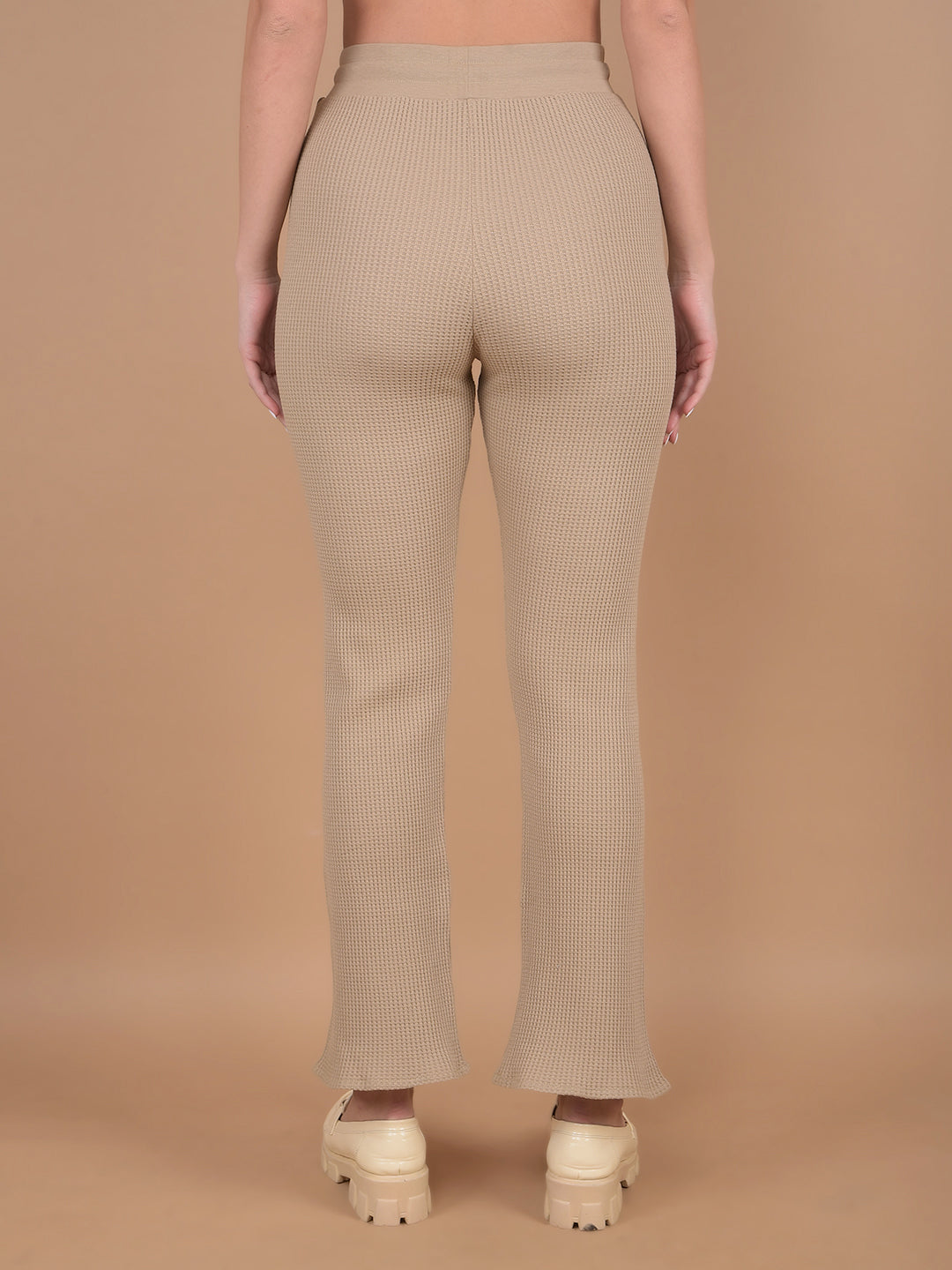 Beige Self-Design Wide Leg Trackpants-Women Trackpants-Crimsoune Club