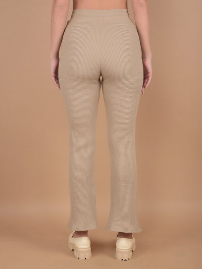 Beige Self-Design Wide Leg Trackpants-Women Trackpants-Crimsoune Club