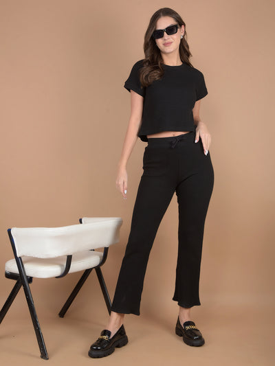 Black Self-Design Wide Leg Trackpants-Women Trackpants-Crimsoune Club