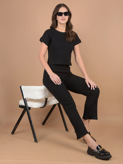 Black Self-Design Wide Leg Trackpants-Women Trackpants-Crimsoune Club