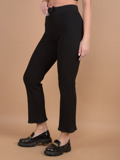 Black Self-Design Wide Leg Trackpants-Women Trackpants-Crimsoune Club