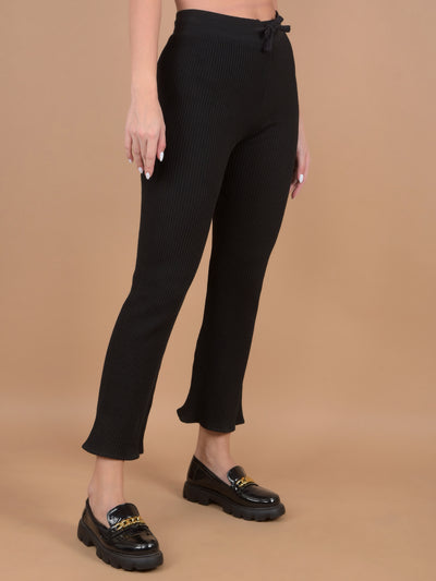 Black Self-Design Wide Leg Trackpants-Women Trackpants-Crimsoune Club