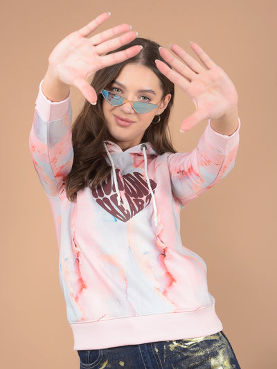 Peach Typographic Print Hooded Sweatshirt-Women Sweatshirts-Crimsoune Club