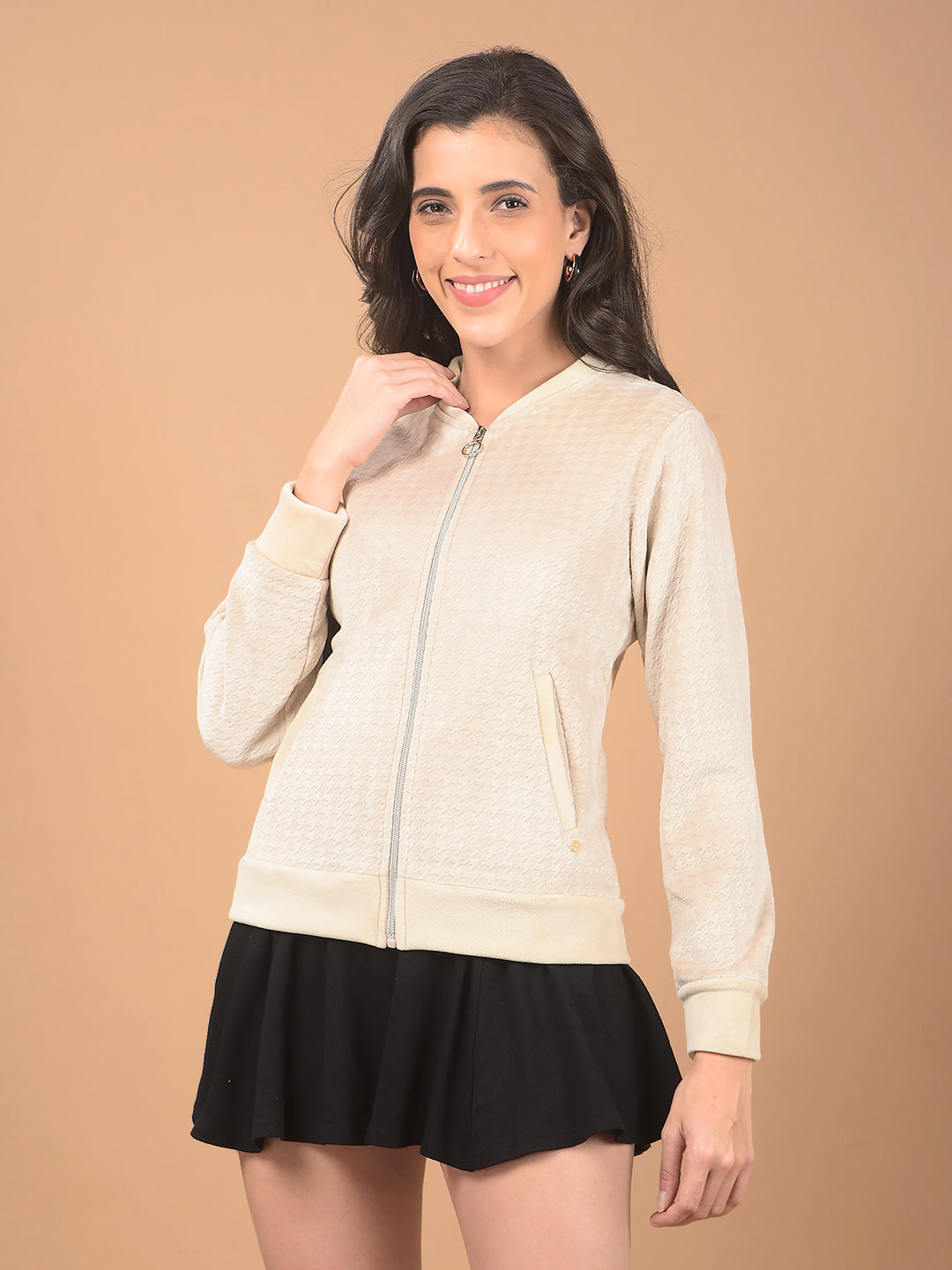 Beige Jacquard Mock Neck Sweatshirt