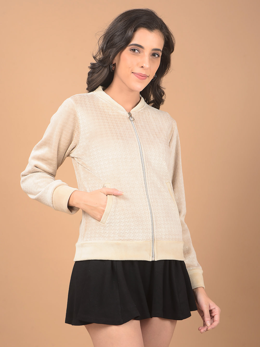 Beige Jacquard Mock Neck Sweatshirt