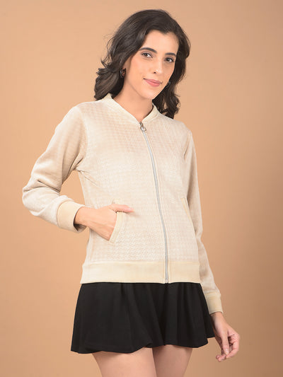 Beige Jacquard Mock Neck Sweatshirt-Women Sweatshirts-Crimsoune Club