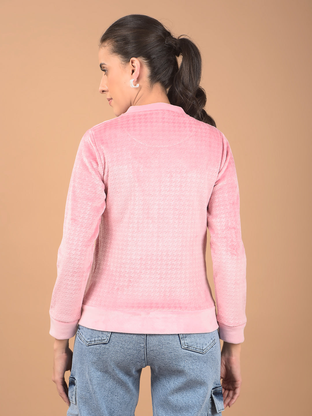 Pink Jacquard Mock Neck Sweatshirt-Women Sweatshirts-Crimsoune Club