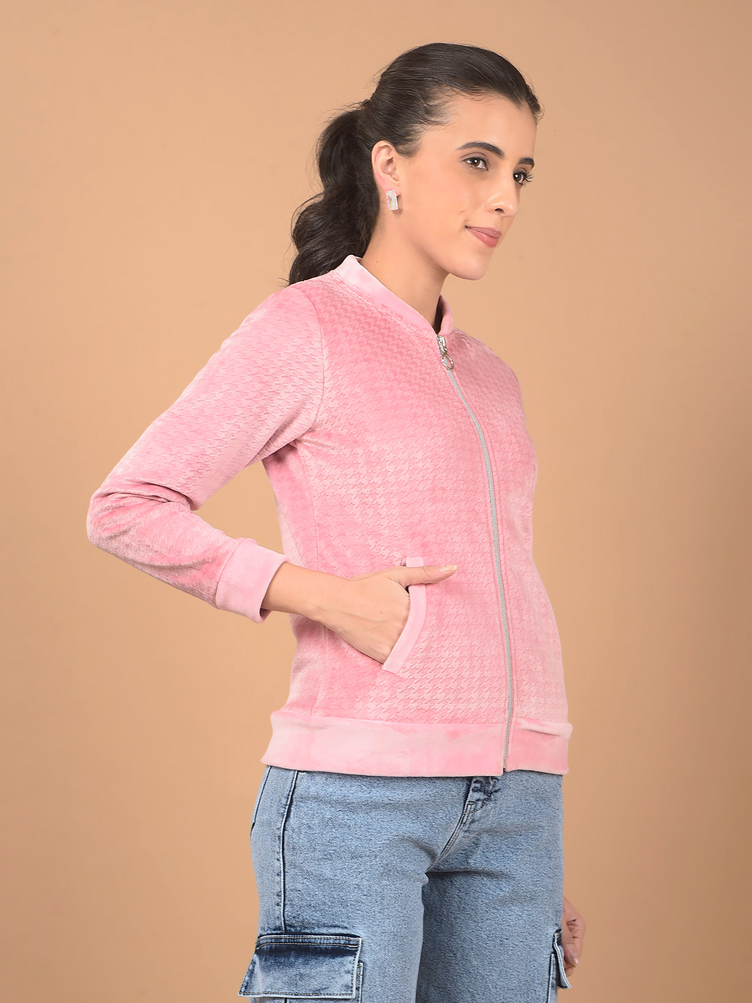 Pink Jacquard Mock Neck Sweatshirt-Women Sweatshirts-Crimsoune Club