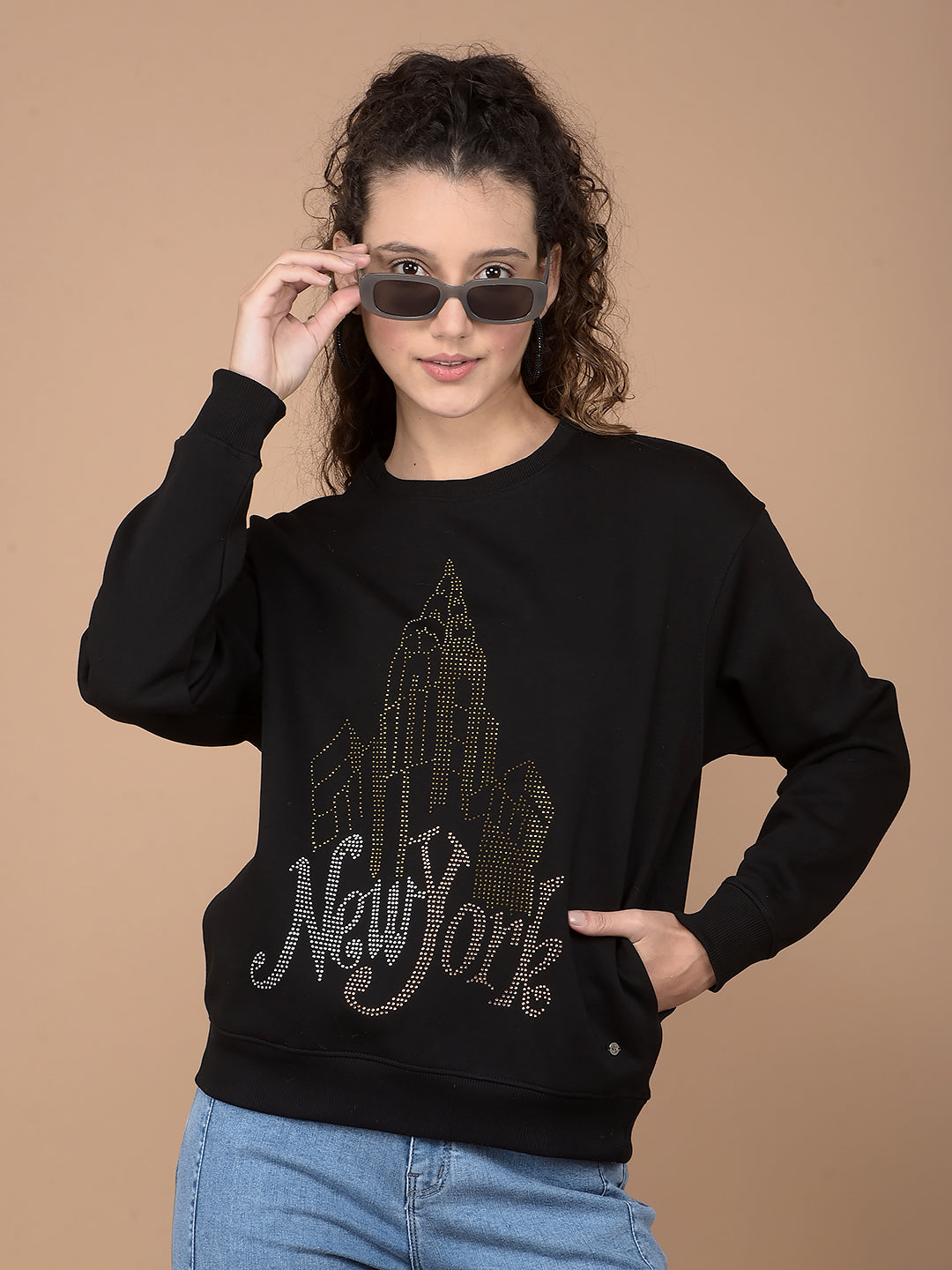 Black Embellished Sweatshirt-Women Sweatshirts-Crimsoune Club