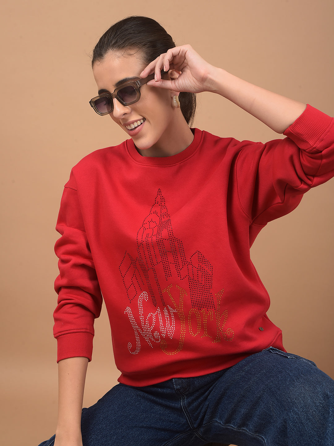 Red Embellished Sweatshirt-Women Sweatshirts-Crimsoune Club