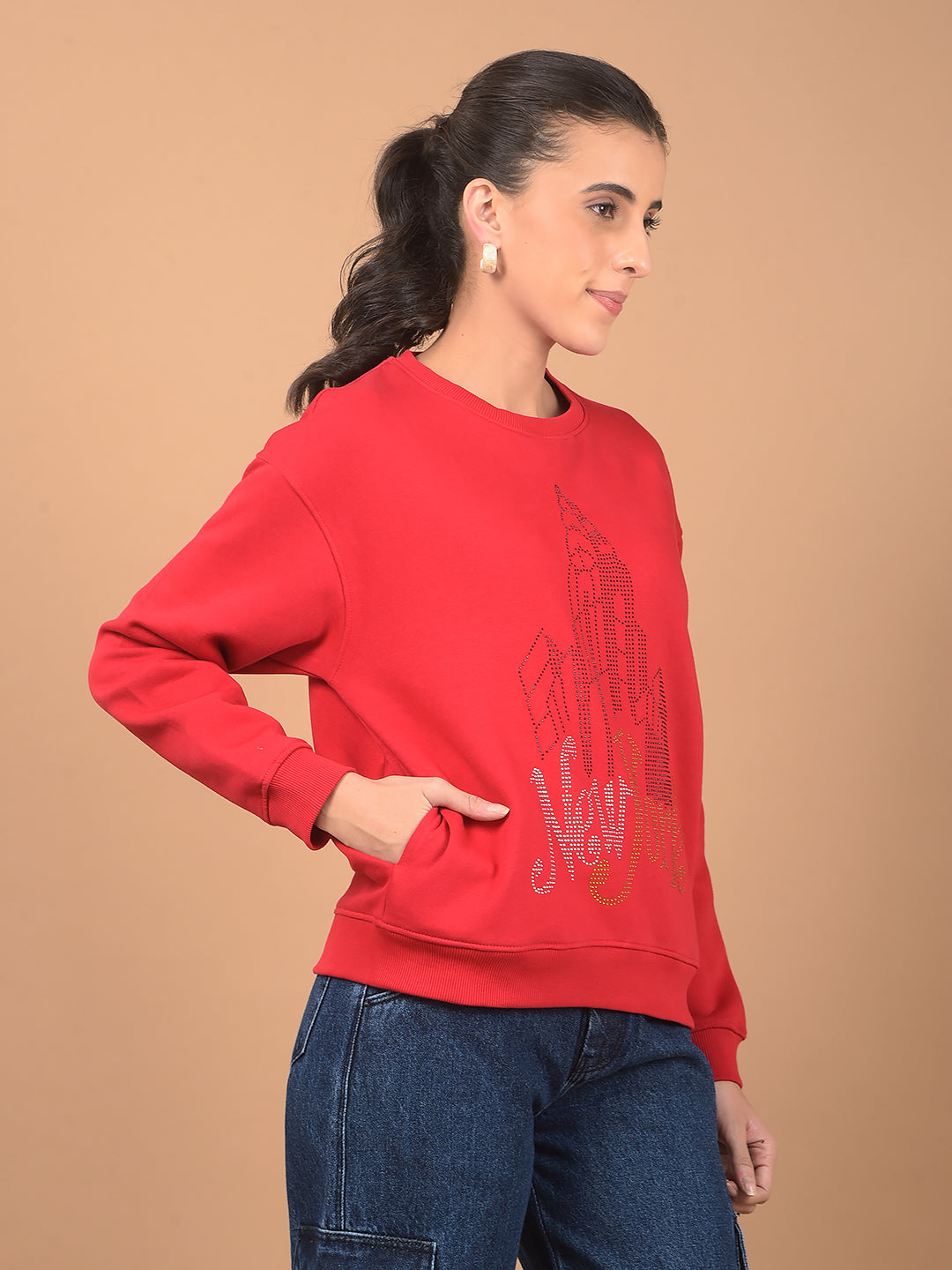 Red Embellished Sweatshirt-Women Sweatshirts-Crimsoune Club