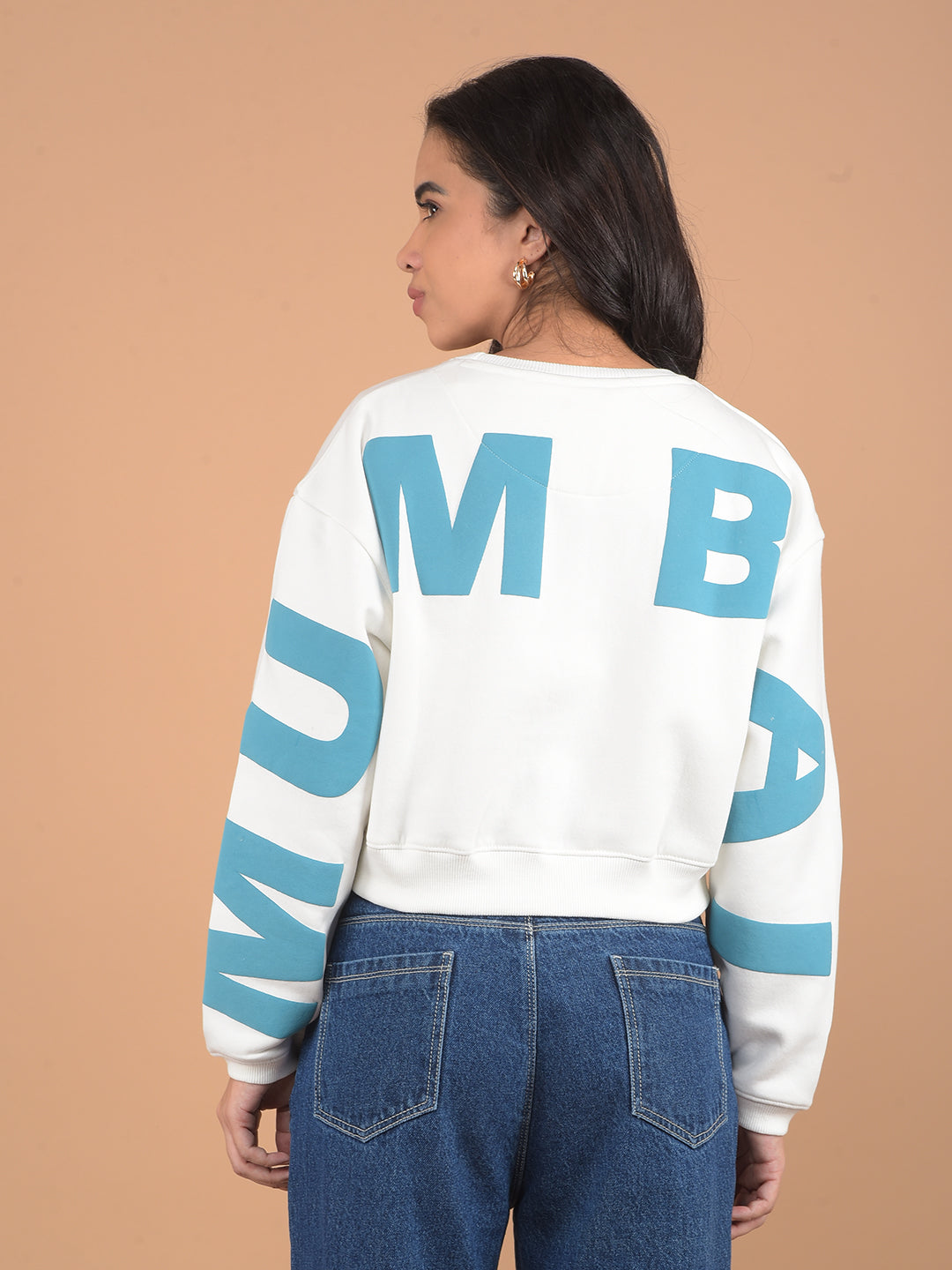 White Typographic Printed Crop Length Sweatshirt-Women Sweatshirts-Crimsoune Club