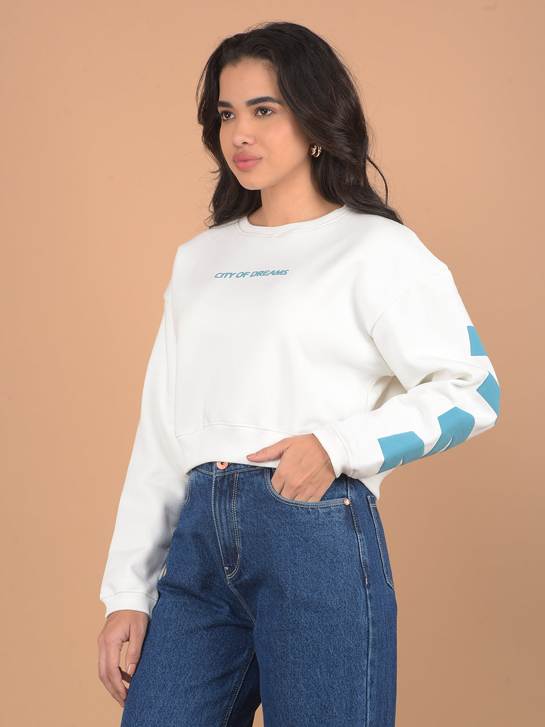 White Typographic Printed Crop Length Sweatshirt-Women Sweatshirts-Crimsoune Club