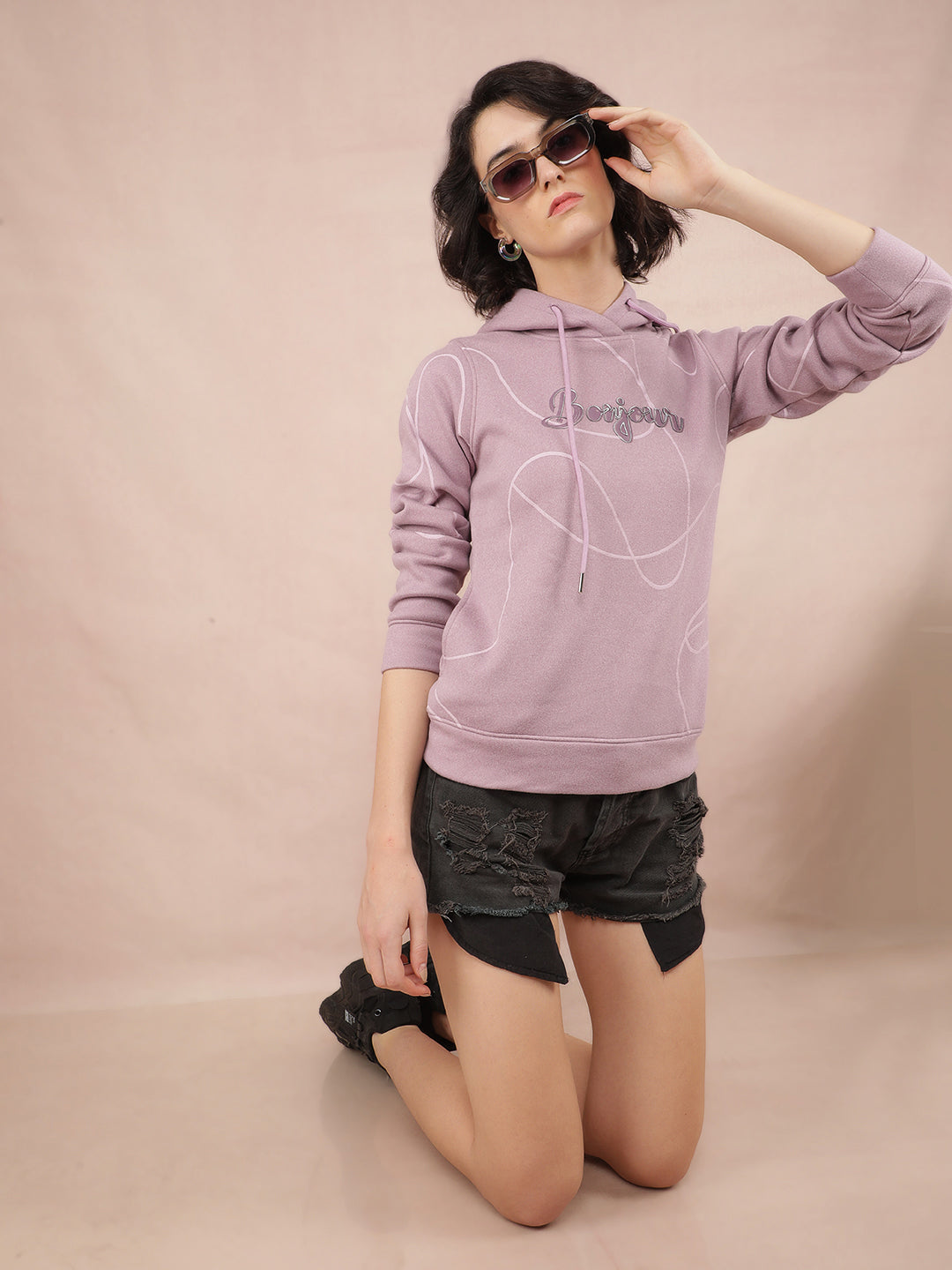 Purple Typographic Print Hooded Neck Sweatshirt-Women Sweatshirts-Crimsoune Club