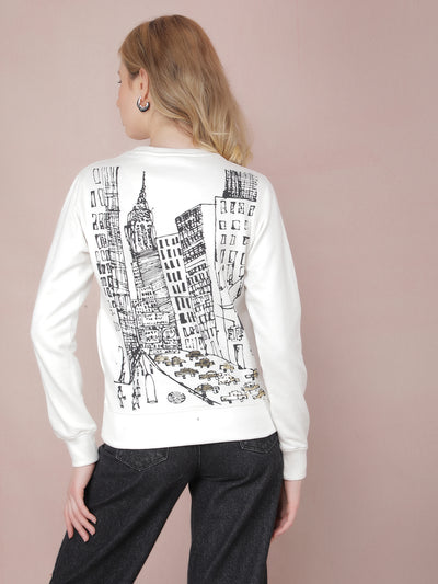 Off White Graphic Print Sweatshirt-Women Sweatshirts-Crimsoune Club