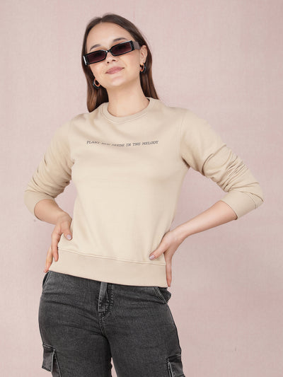 Beige Typographic Print Sweatshirt-Women Sweatshirts-Crimsoune Club