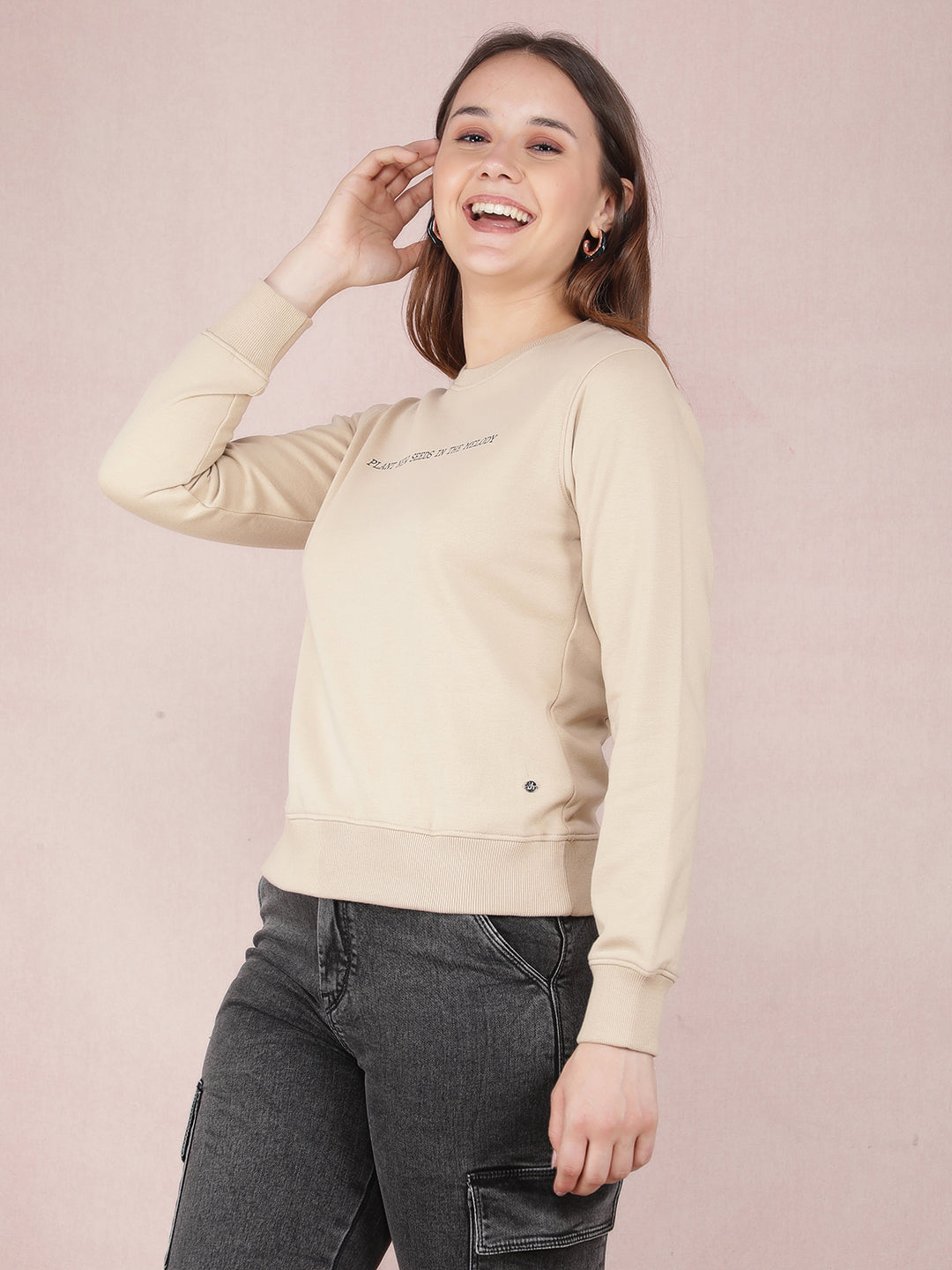 Beige Typographic Print Sweatshirt-Women Sweatshirts-Crimsoune Club