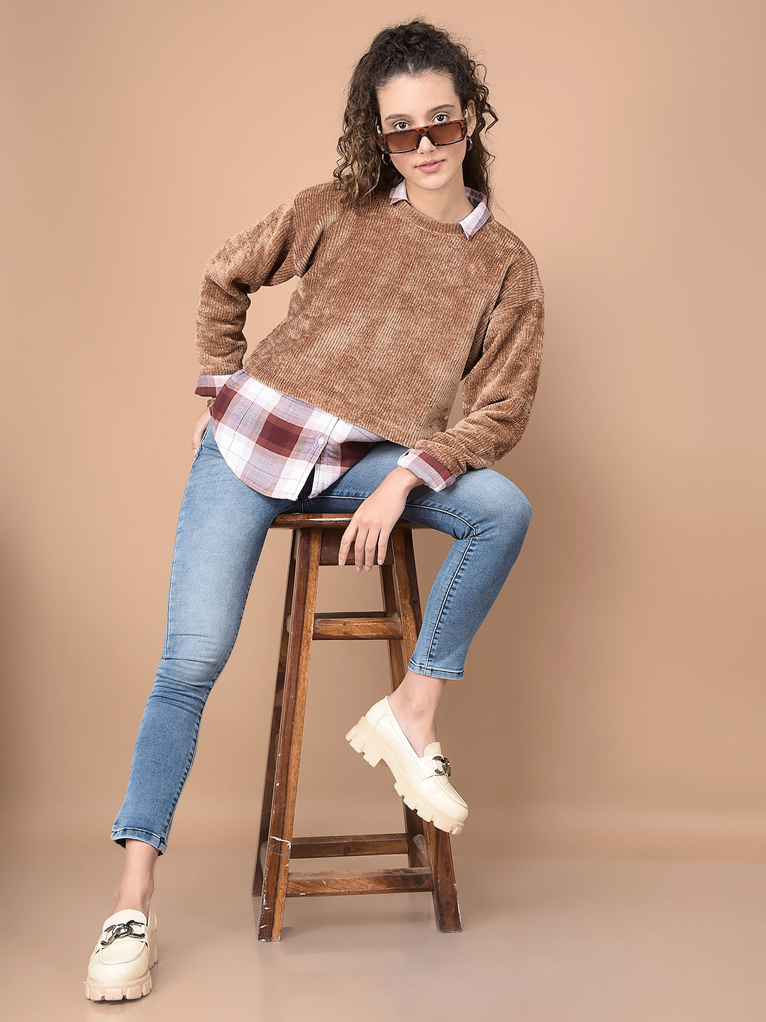 Beige Crop Length Sweatshirt-Women Sweatshirts-Crimsoune Club