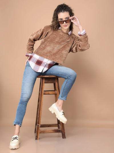 Beige Crop Length Sweatshirt-Women Sweatshirts-Crimsoune Club