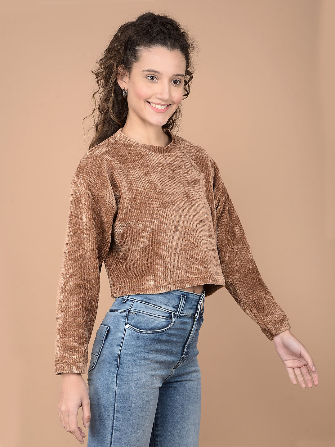 Beige Crop Length Sweatshirt-Women Sweatshirts-Crimsoune Club