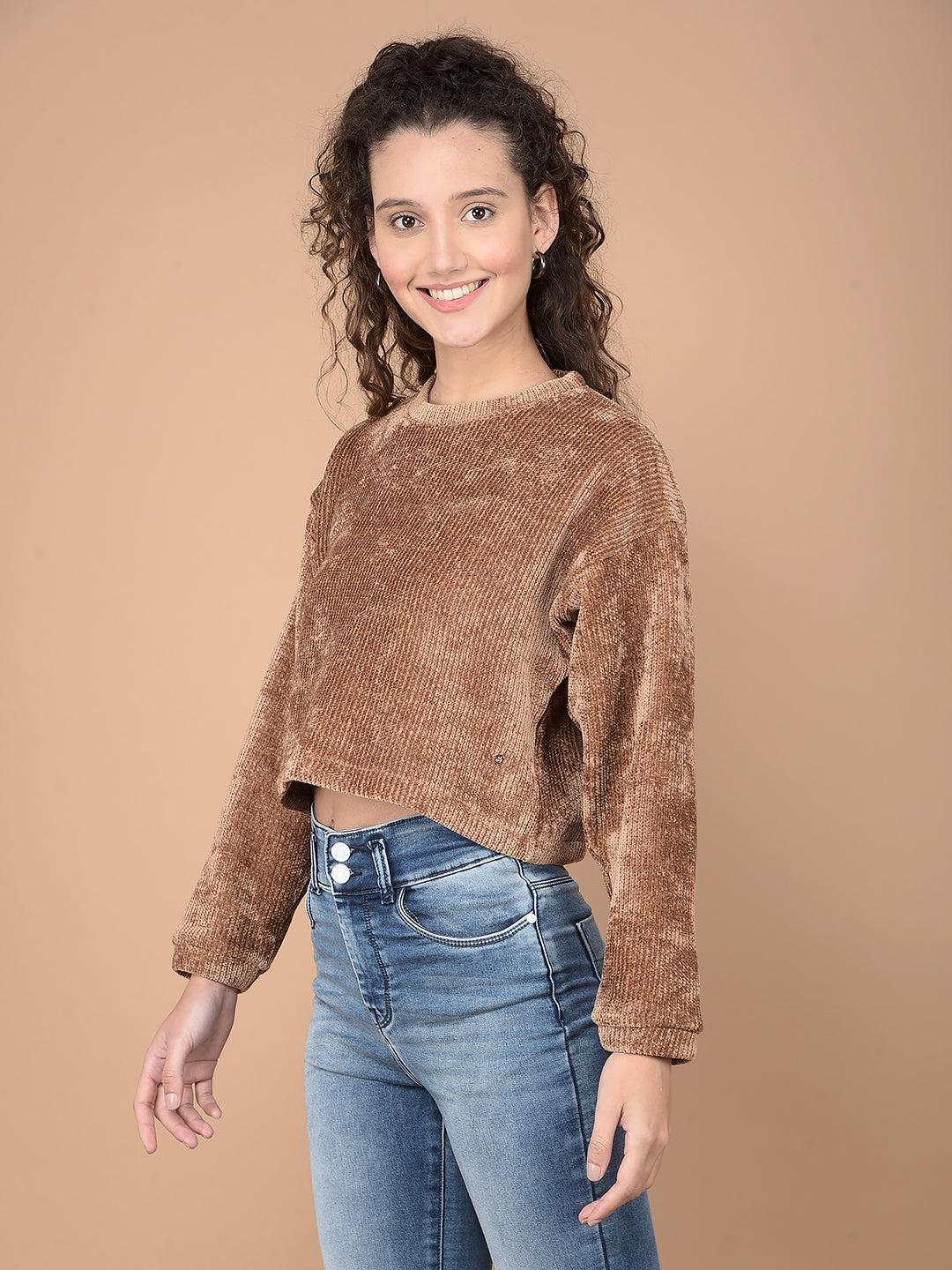 Beige Crop Length Sweatshirt-Women Sweatshirts-Crimsoune Club