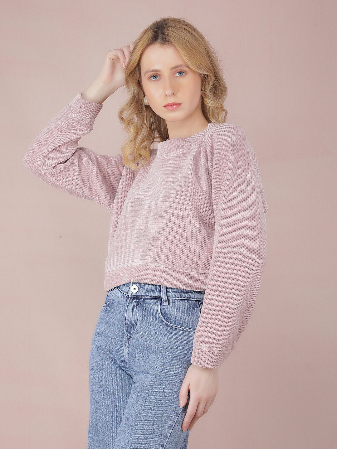 Pink Crop Length Sweatshirt-Women Sweatshirts-Crimsoune Club