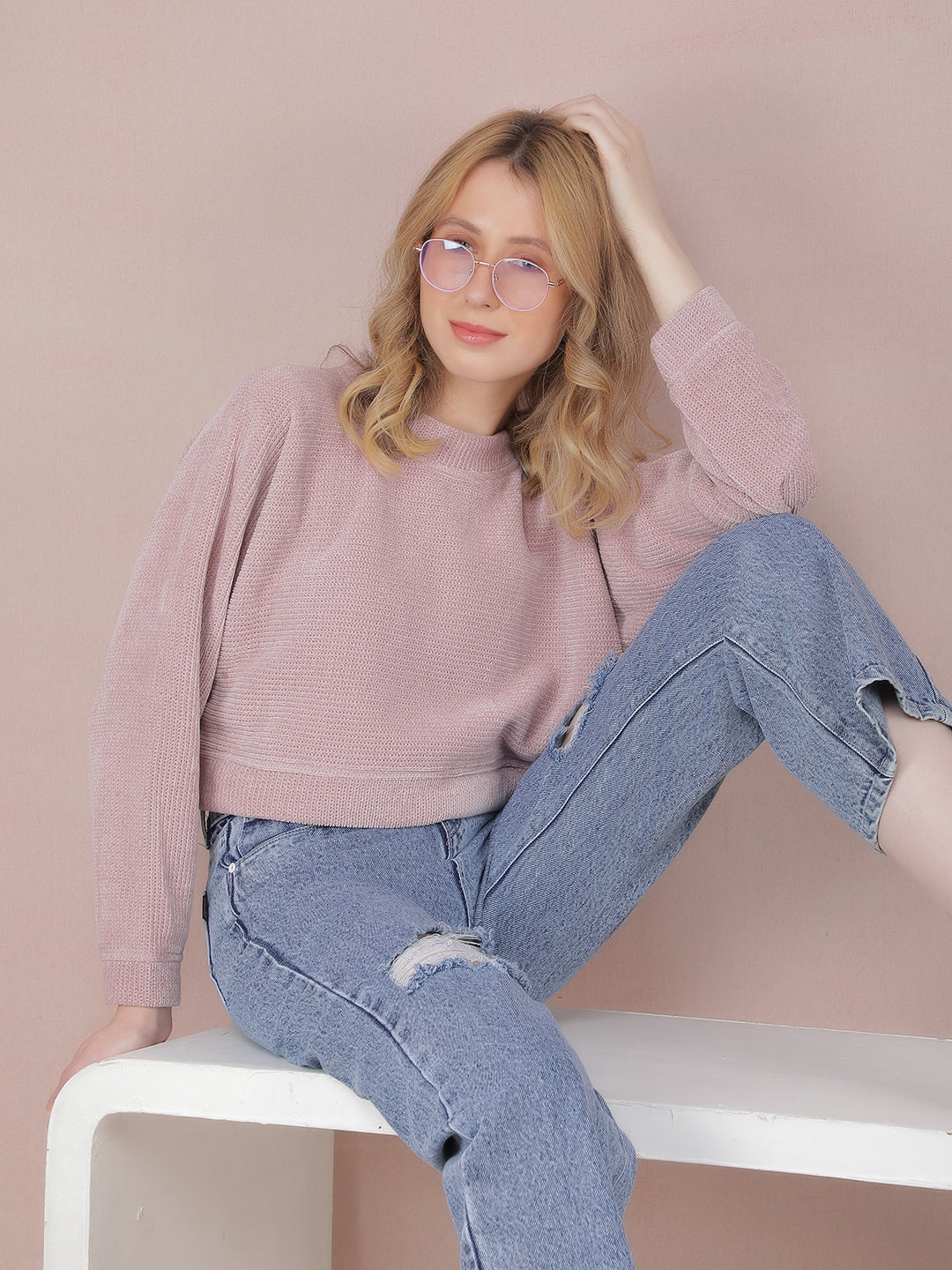 Pink Crop Length Sweatshirt-Women Sweatshirts-Crimsoune Club