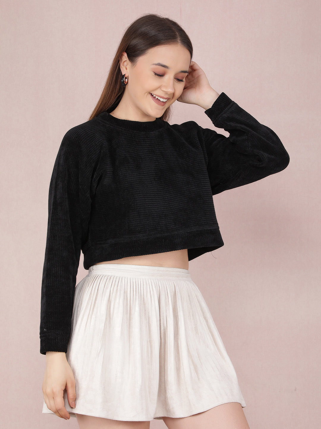 Black Crop Length Sweatshirt-Women Sweatshirts-Crimsoune Club